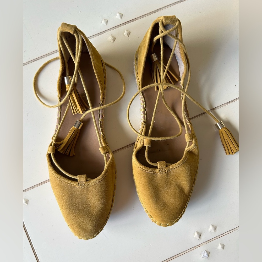 Mustard yellow suede espadrilles with ankle tassel ties, Franco Sarto size 9